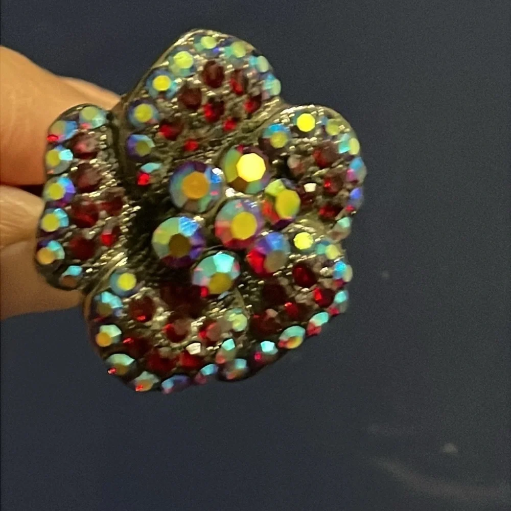 Vintage AB red blue crystal flower hair pin